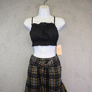 Blashe Ruffle Crop Top Womens L‎ Black Y2K Sexy Camisole Ruched Spaghetti Strap